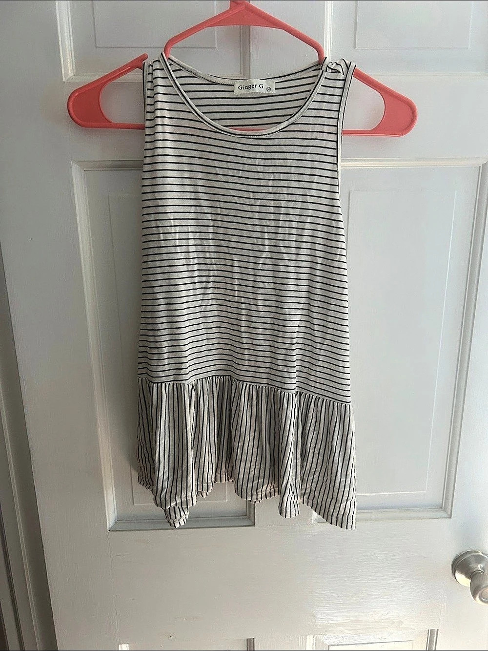 Ginger G Striped Fringe-Hem Tank Top in White & Black Like New
